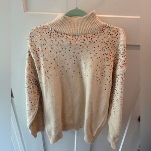 Vine & Love Sequin Sweater Medium Cream Mock Neck Embellished Cozy Top